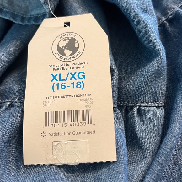 NWT Blue Chambray Button Front Top Tiered Blouse Time & Tru Women’s Xlarge - Picture 6 of 7